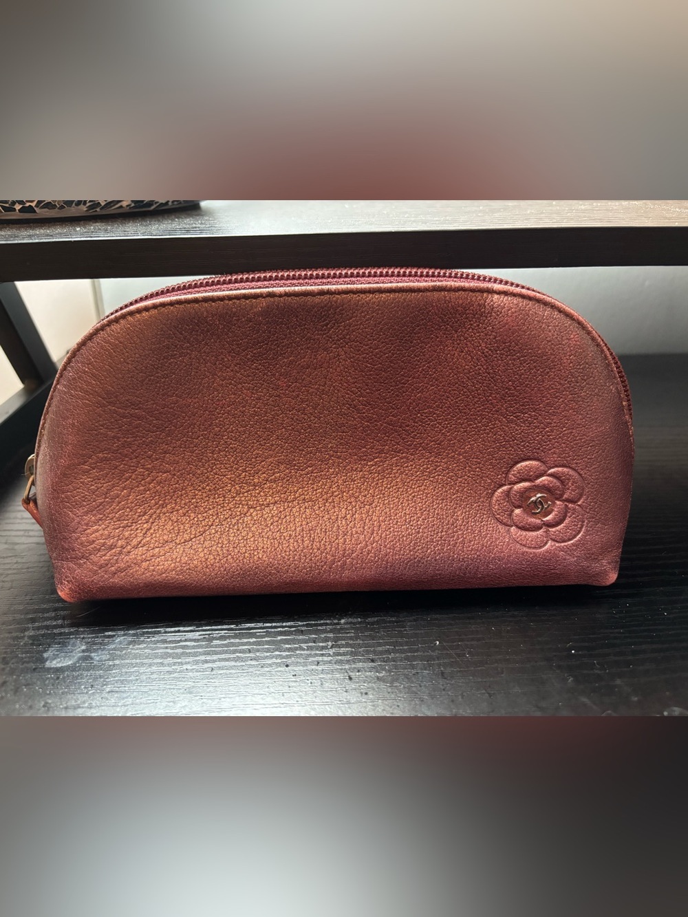 Authentic CHANEL Vintage Camellia Dome Pouch Metallic Rose Grained Leather